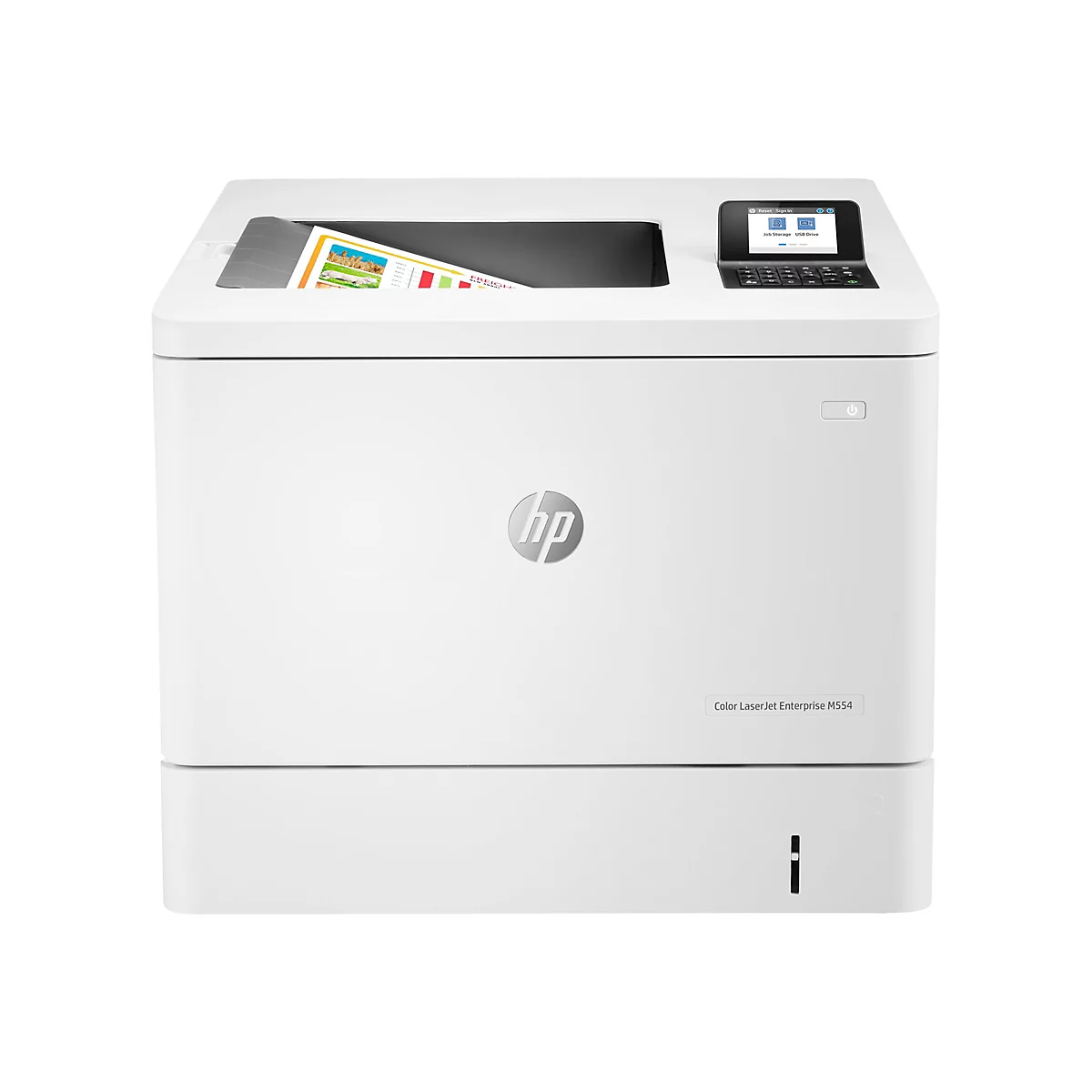 Weißer Drucker, der ein farbiges Dokument druckt. Auf dem Display stehen Job Storage und USB Drive. Unten steht Color LaserJet Enterprise M554.