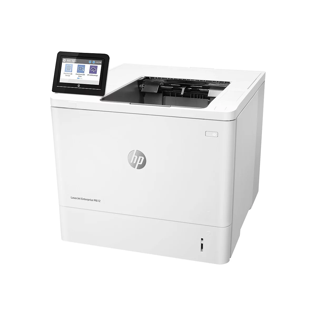 Ein weißer HP Laserjet Enterprise M612 Drucker mit Bedienfeld und Power-Taste. Das Bedienfeld zeigt Optionen wie Drucken und HP JetAdvantage an.