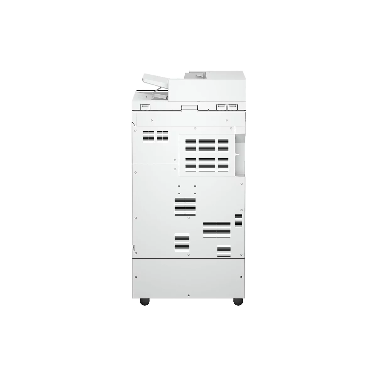 Weißer Büro-Multifunktionsdrucker, auf weißem Hintergrund. Verschiedene Lüftungsschlitze.