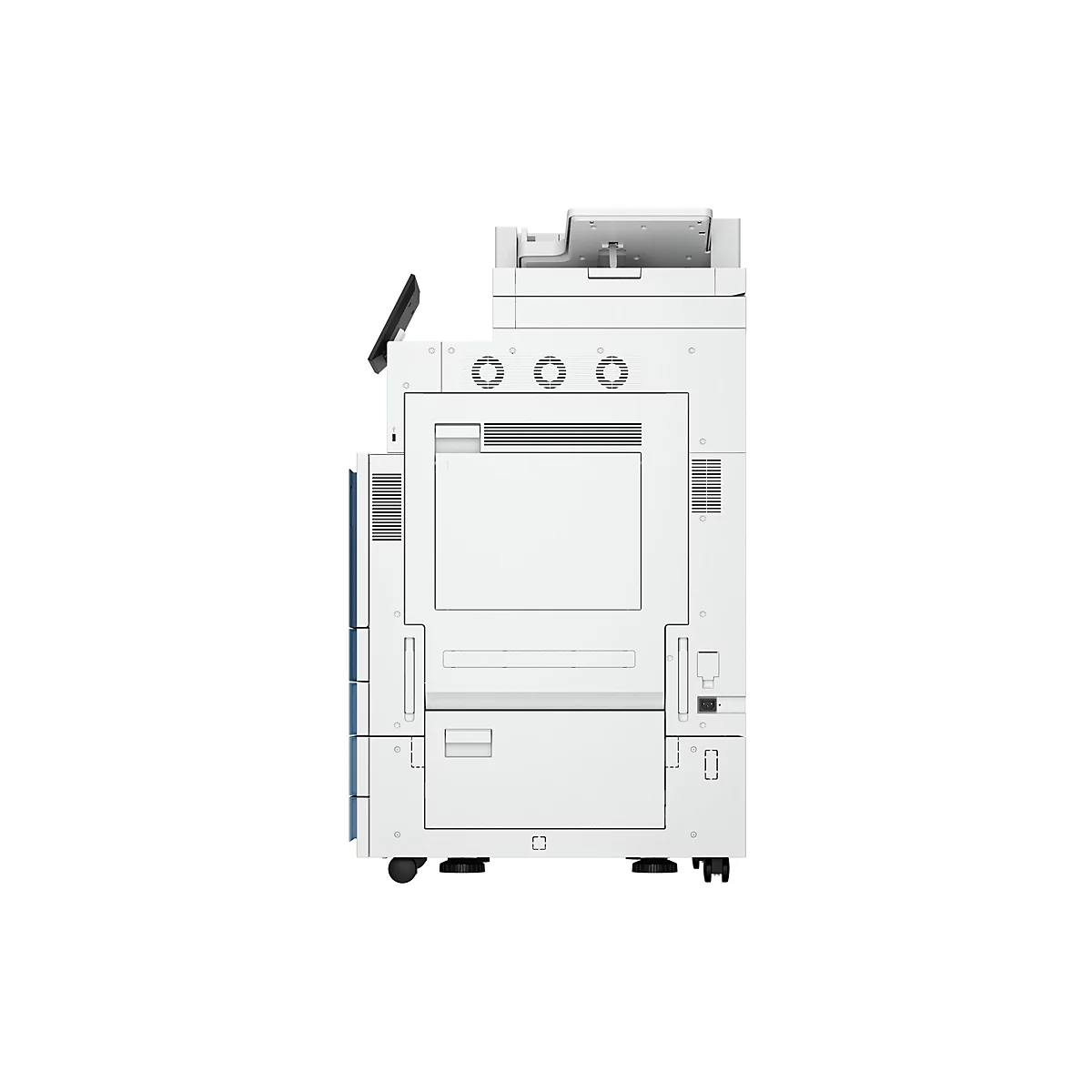Weißer Multifunktionsdrucker, der von vorne vor weißem Hintergrund abgebildet wird.