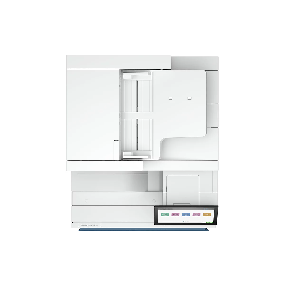 Draufsicht auf einen weißen Drucker mit einem Touchscreen-Display. Es ist ein Modell Color LaserJet Enterprise MFP.