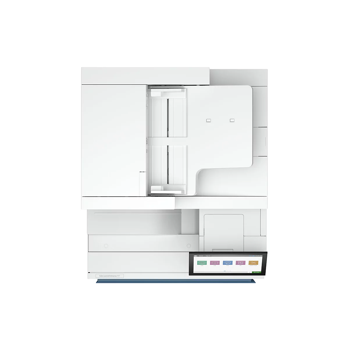 Ein weißer Multifunktionsdrucker mit Touchscreen, der die Funktionen Kopieren, Scannen, Drucken, Faxen und Support-Tools anzeigt.