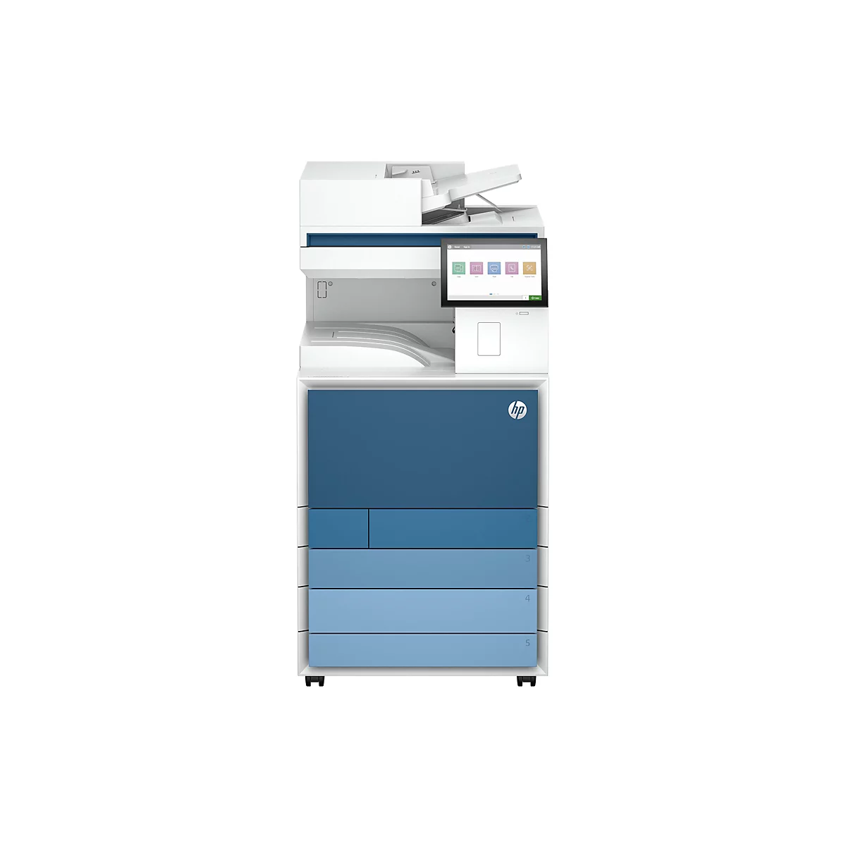 Ein weißer Drucker mit einem Touchscreen-Display und einem Bedienfeld. Der Drucker hat ein blaues Design und das HP-Logo.