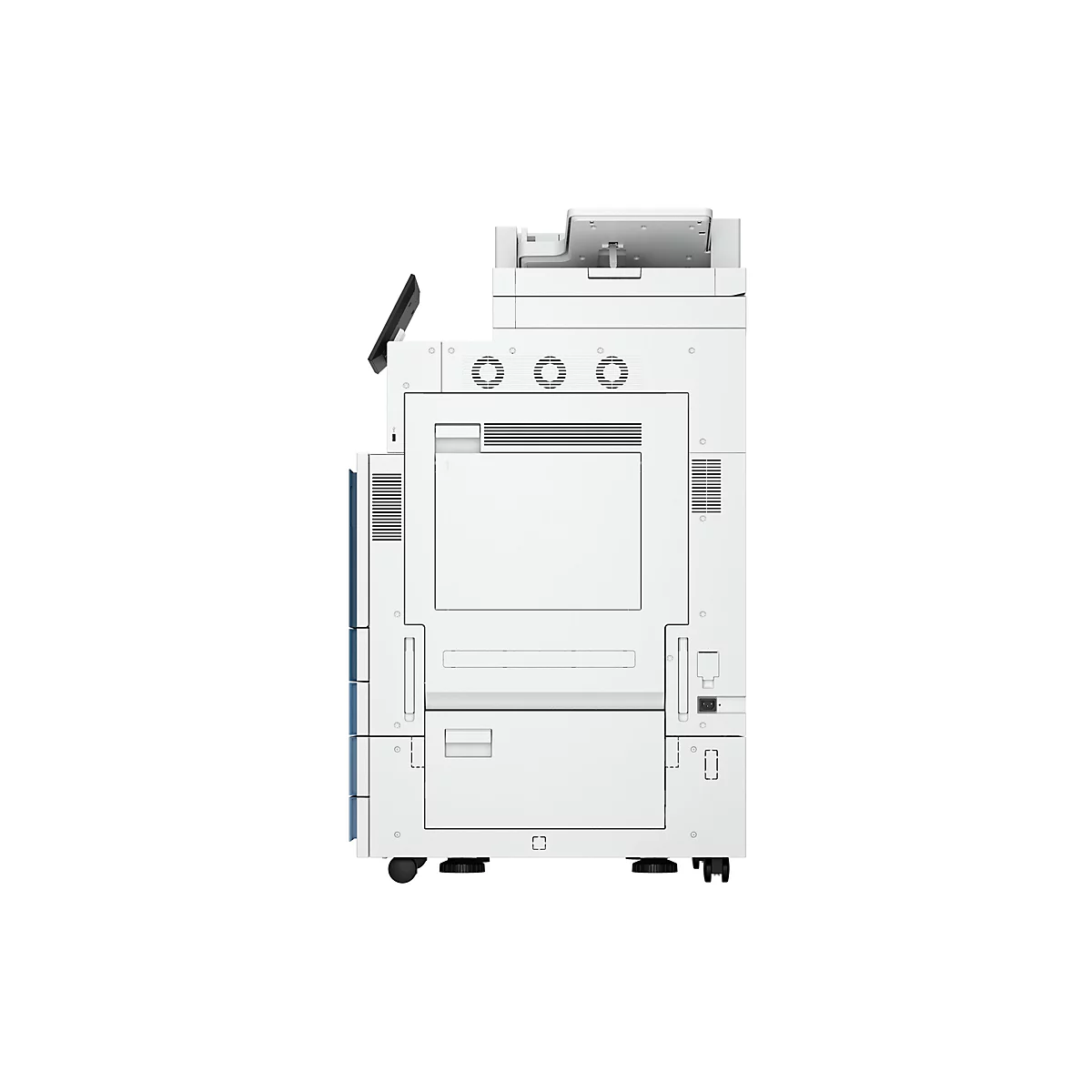 Ein weißer, freistehender Multifunktionsdrucker. Er hat einen Touchscreen, Papierfächer und ein Bedienfeld.