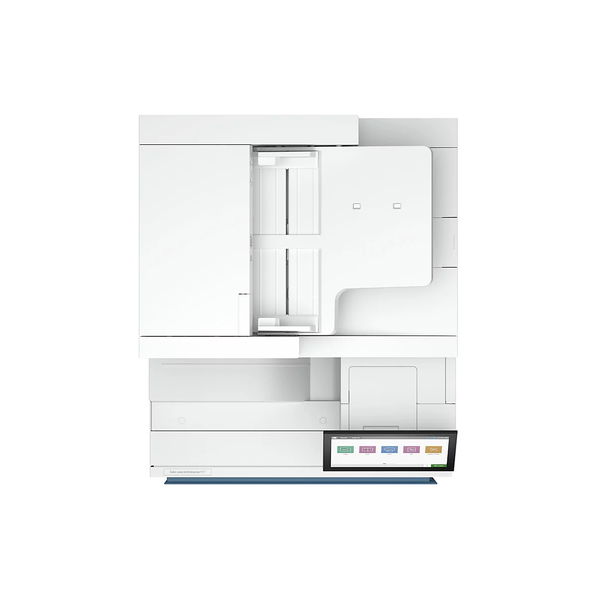 Weißer Drucker mit Touchscreen-Display. Der Drucker hat eine rechteckige Form und verschiedene Ablagefächer und Aussparungen.