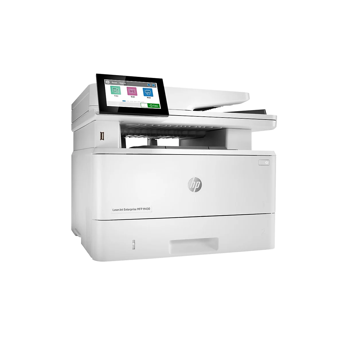 Weißer HP Laserdrucker, Touchscreen mit Funktionen: Kopieren, Scannen, Drucken. Modellbezeichnung LaserJet Enterprise MFP M430.