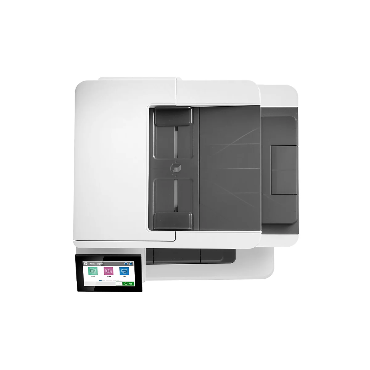 Draufsicht auf einen weißen Multifunktionsdrucker. Der Touchscreen zeigt Optionen zum Kopieren, Scannen und Drucken.