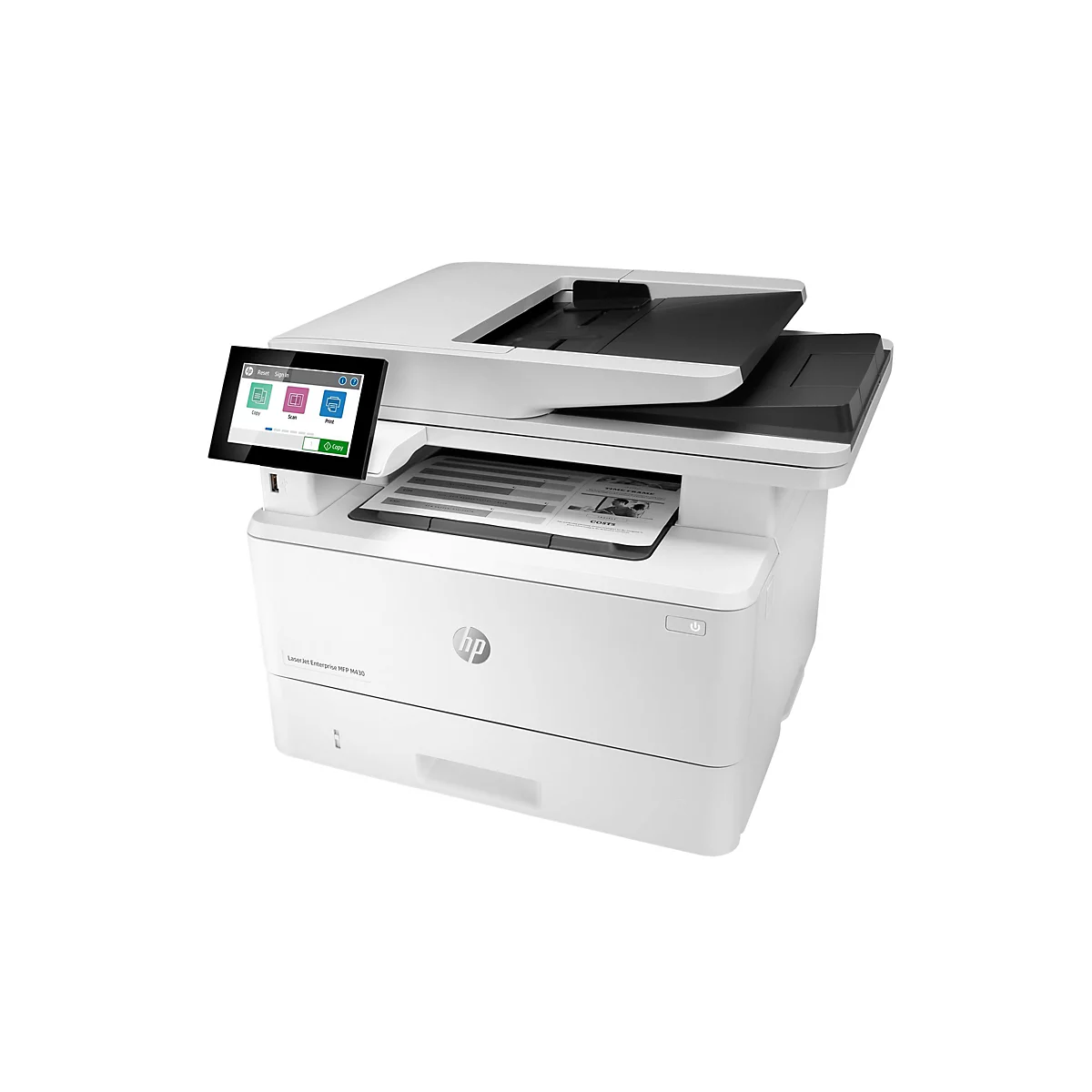 Ein weißer HP Laserdrucker, von oben fotografiert. Er verfügt über einen Touchscreen, auf dem die Optionen "Kopieren", "Scannen" und "Drucken" angezeigt werden. Eine Seite liegt im Einzug.