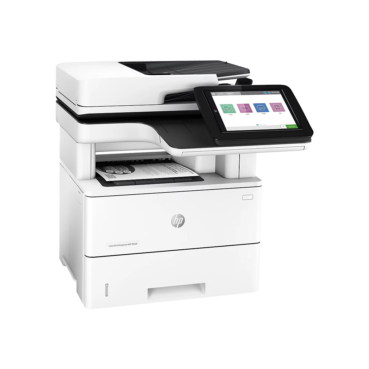 Ein weißer HP Laserdrucker, von vorne gesehen. Auf dem Touchscreen werden Optionen zum Kopieren, Scannen, Drucken und Faxen angezeigt.