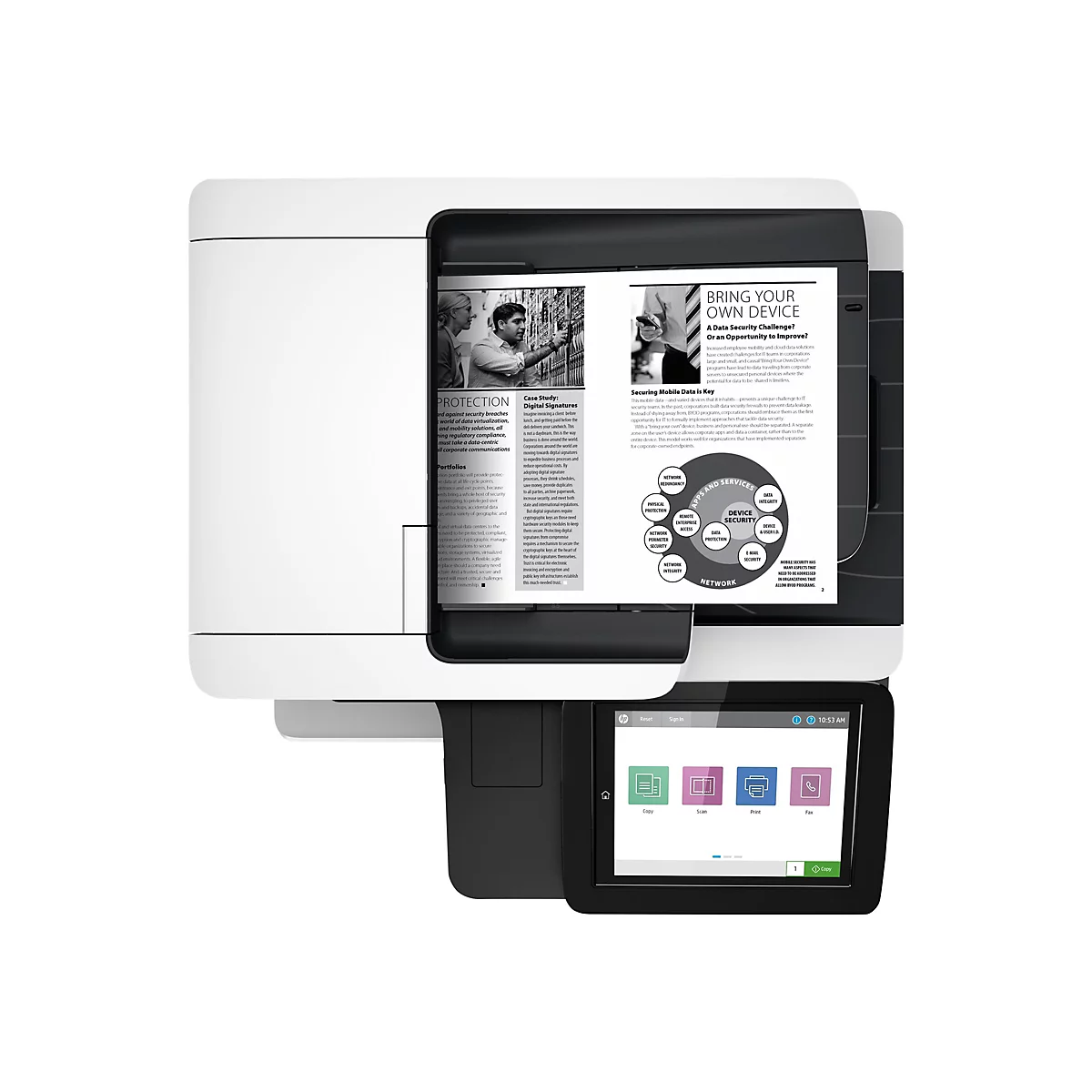 Ein schwarzer HP-Multifunktionsdrucker mit einem Farbbildschirm, auf dem Optionen wie Kopieren, Scannen, Drucken und Faxen angezeigt werden, bedruckt ein Werbedokument. Im Werbedokument werden Datensicherheitsherausforderungen und Vorteile von BYOD-Pro...