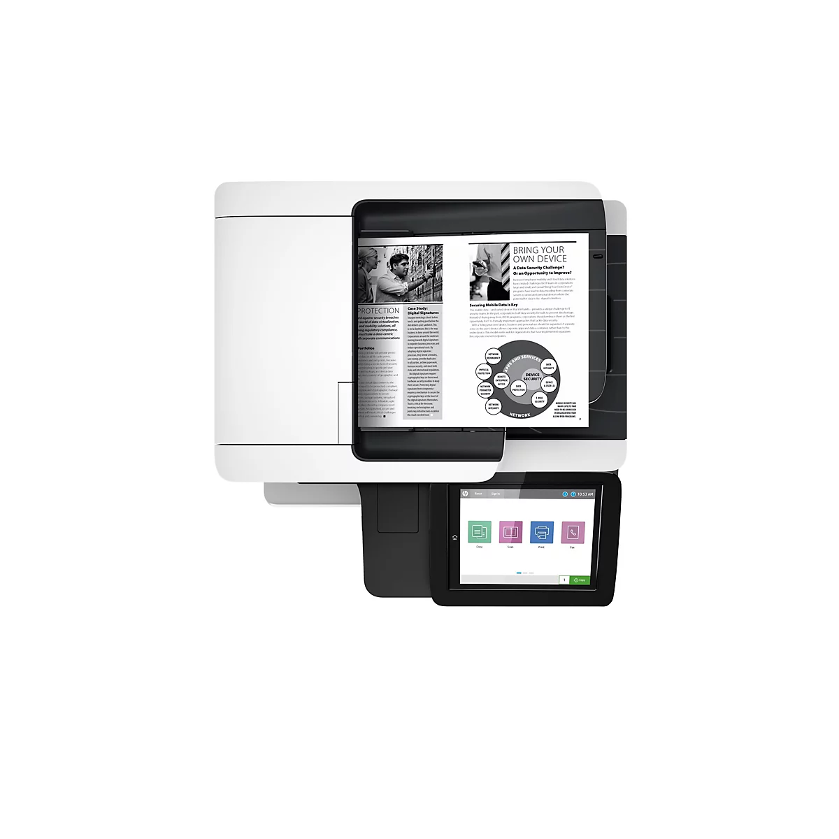Ein weißer Multifunktionsdrucker mit einem Bedienfeld, auf dem Symbole für Kopieren, Scannen, Drucken und Faxen angezeigt werden, sowie Text auf dem Bildschirm, der "10:53 AM" anzeigt. Auf dem Bildschirm wird ein Artikel über Datensicherheit angezeigt.