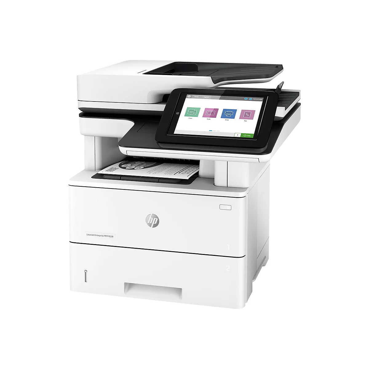 Weißer HP-Multifunktionsdrucker mit Touchscreen, auf dem verschiedene Funktionen angezeigt werden. Unten steht LaserJet Enterprise MFP M528.