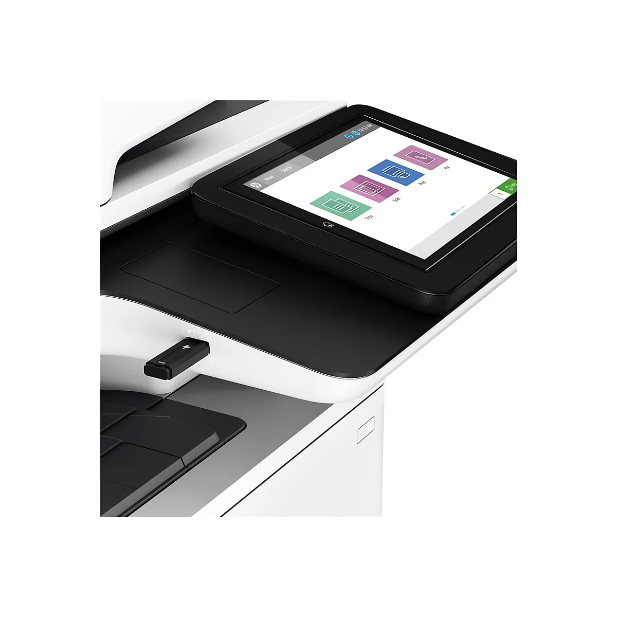 Nahaufnahme eines schwarzen Druckers mit Touchscreen, auf dem verschiedene Funktionen angezeigt werden, und einem USB-Stick.
