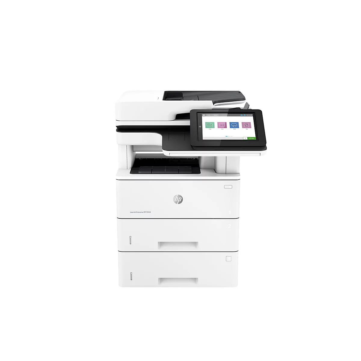 Weißer Multifunktionsdrucker mit Touchscreen, HP-Logo und Papierfächern. Auf dem Bildschirm werden Optionen zum Kopieren, Scannen, Drucken und Faxen angezeigt.