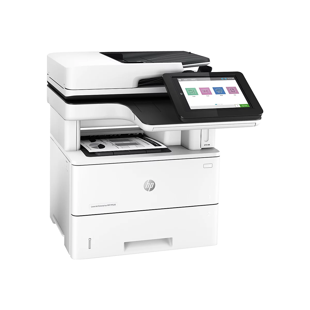 Weißer HP-Multifunktionsdrucker mit Touchscreen, der Kopie, Scan, Druck und Faxfunktionen anzeigt. Ein Blatt Papier wird bedruckt.