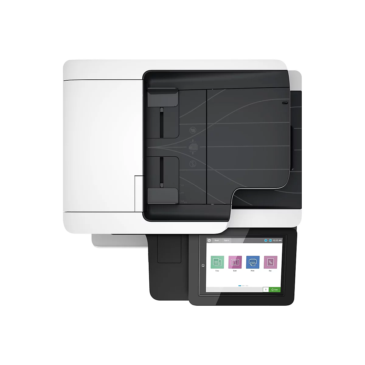 Draufsicht auf einen Drucker; weiss-graues Gehäuse, Bedienfeld mit Touchscreen, Symbole für Kopieren, Scannen, Drucken und Faxen.