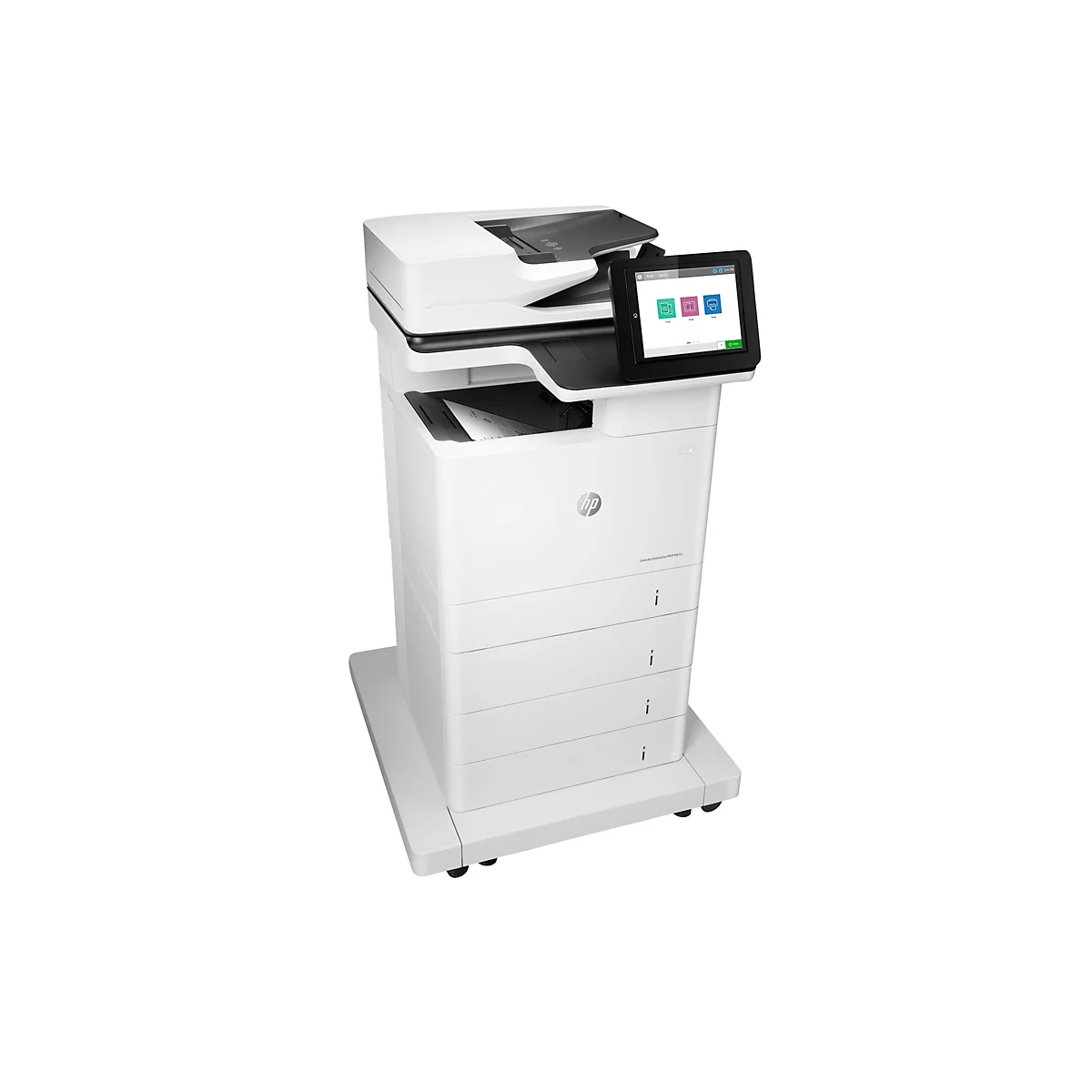 Weißer HP-Multifunktionsdrucker auf weißem Hintergrund. Er hat ein Bedienfeld mit Touchscreen und zeigt verschiedene Funktionen an.