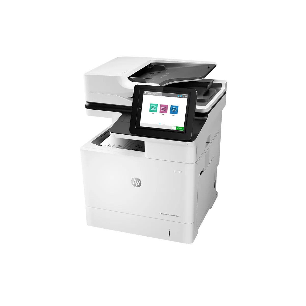 Ein weißer HP LaserJet Drucker. Der Touchscreen zeigt die Optionen Kopieren, Scannen und Drucken an.