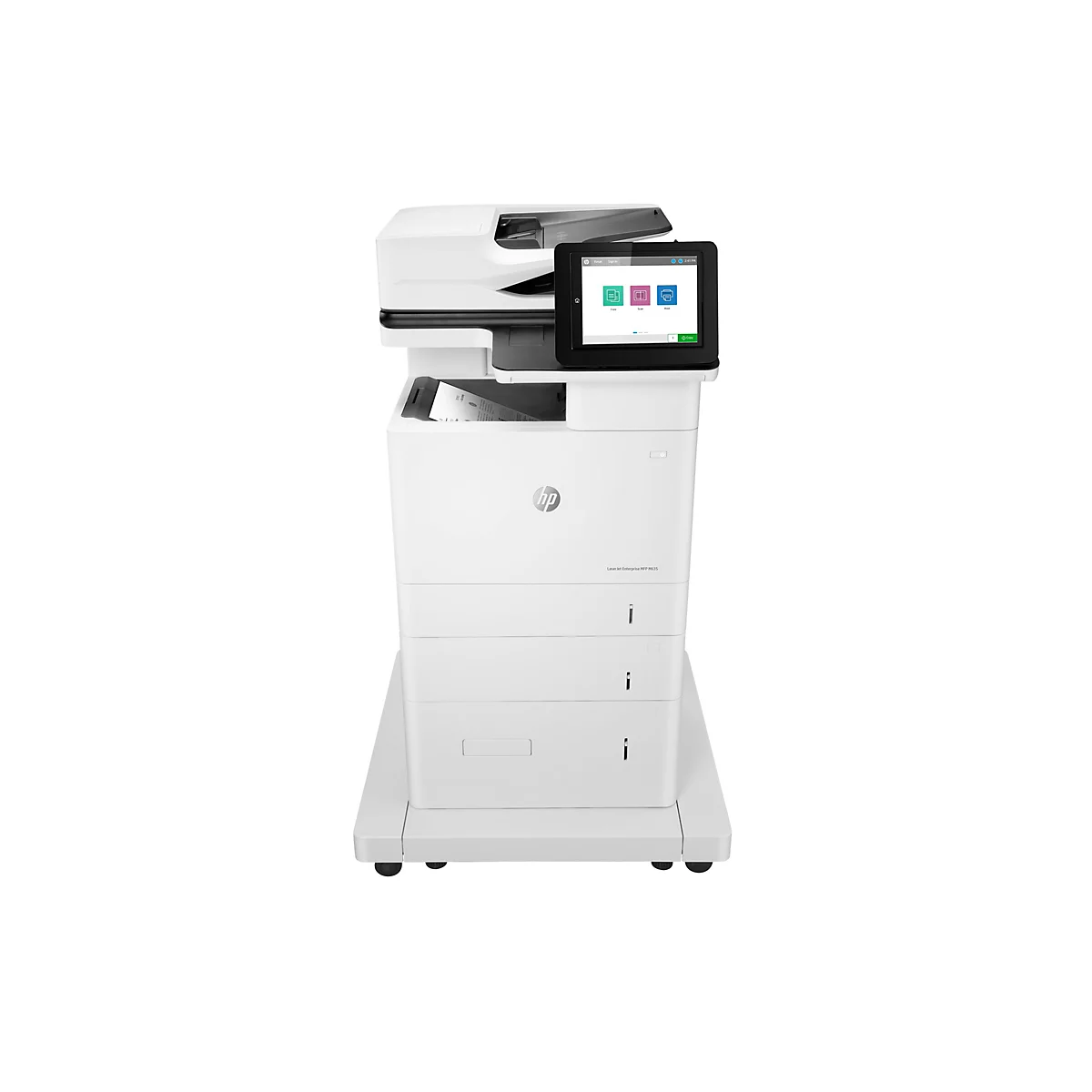 Weißer HP Laserjet Enterprise MFP M635 Drucker. Touchscreen mit Optionen zum Kopieren, Scannen und Drucken.
