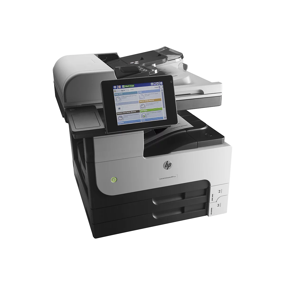 Ein schwarzer und weißer HP-Laserdrucker mit Touchscreen-Display und Papierfächern.