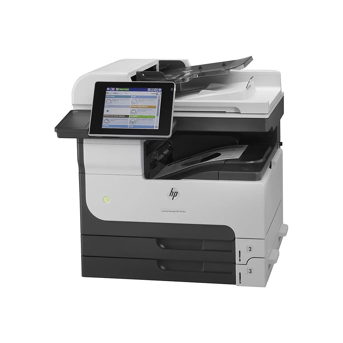 Ein Drucker der Marke HP, Modell LaserJet Managed MFP M725m, mit Touchscreen und geöffnetem Deckel.