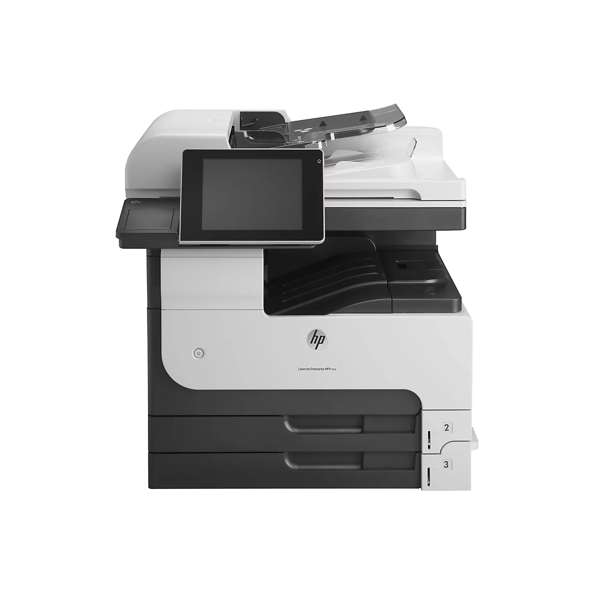 Ein HP Laserdrucker mit großem Touchscreen, schwarz-weiße Farbgebung, Schubladen mit Nummern.