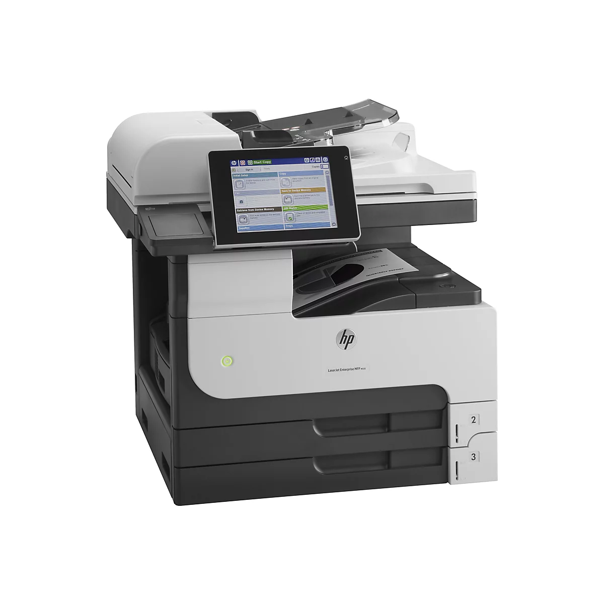 Multifunktionsdrucker, schwarz-weiß, HP LaserJet Enterprise MFP M725, mit Touchscreen, Papierfächern und Bedienfeld.