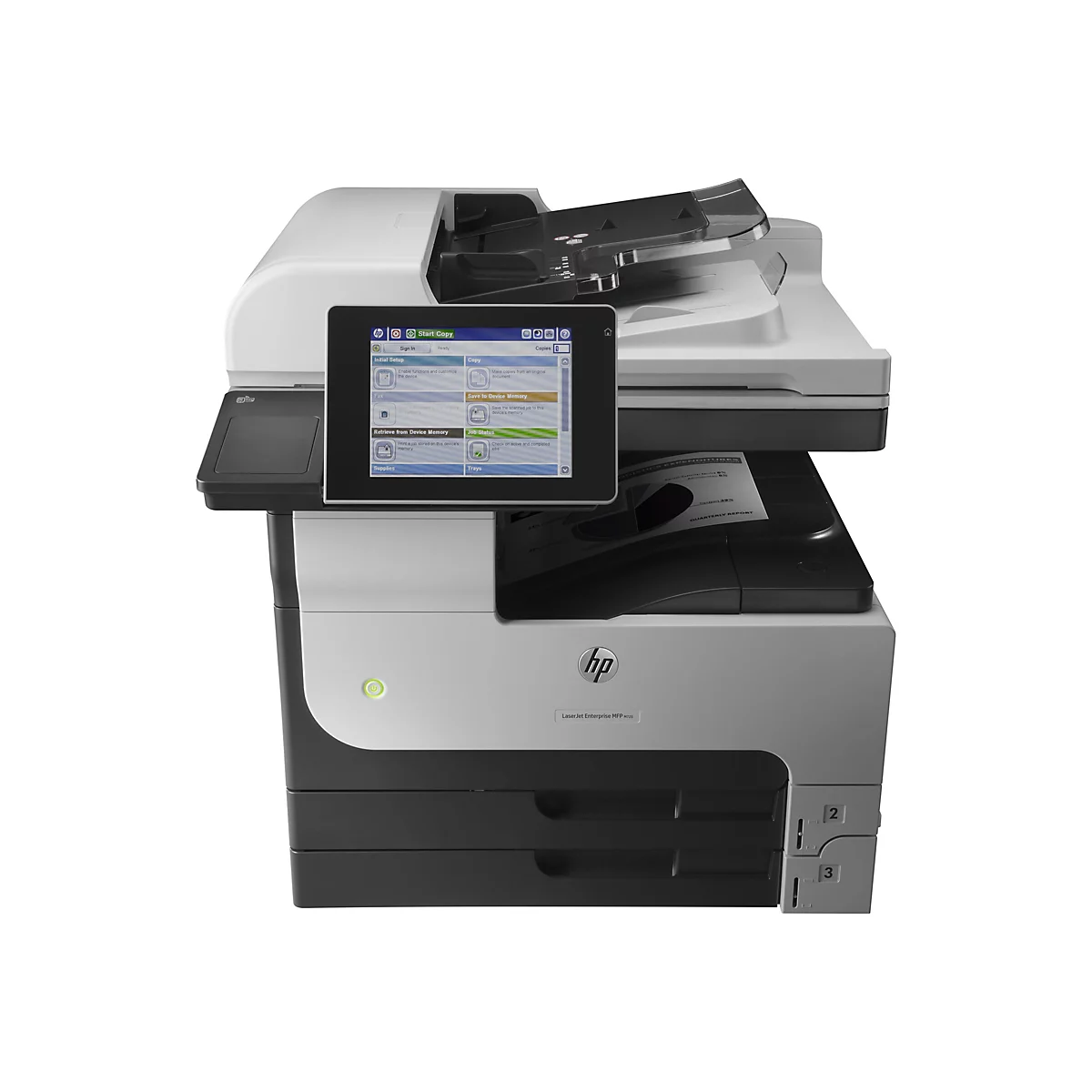 Schwarzer und grauer HP-Multifunktionsdrucker. Auf dem Touchscreen sind Optionen wie Kopieren, Faxen und Scannen zu sehen.