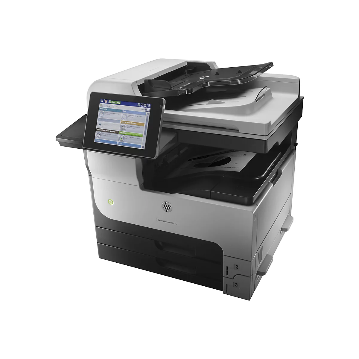 Ein grauer HP-Multifunktionsdrucker mit Touchscreen-Display und geöffnetem Deckel, auf dem ein Dokument liegt.