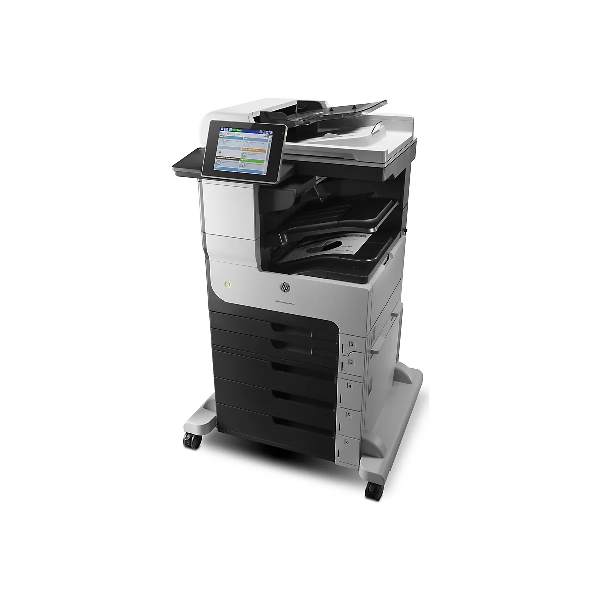 Ein großer, grauer und schwarzer HP-Multifunktionsdrucker. Das Gerät hat einen Touchscreen-Bildschirm und mehrere Papierfächer. Auf dem Bildschirm werden Optionen angezeigt.