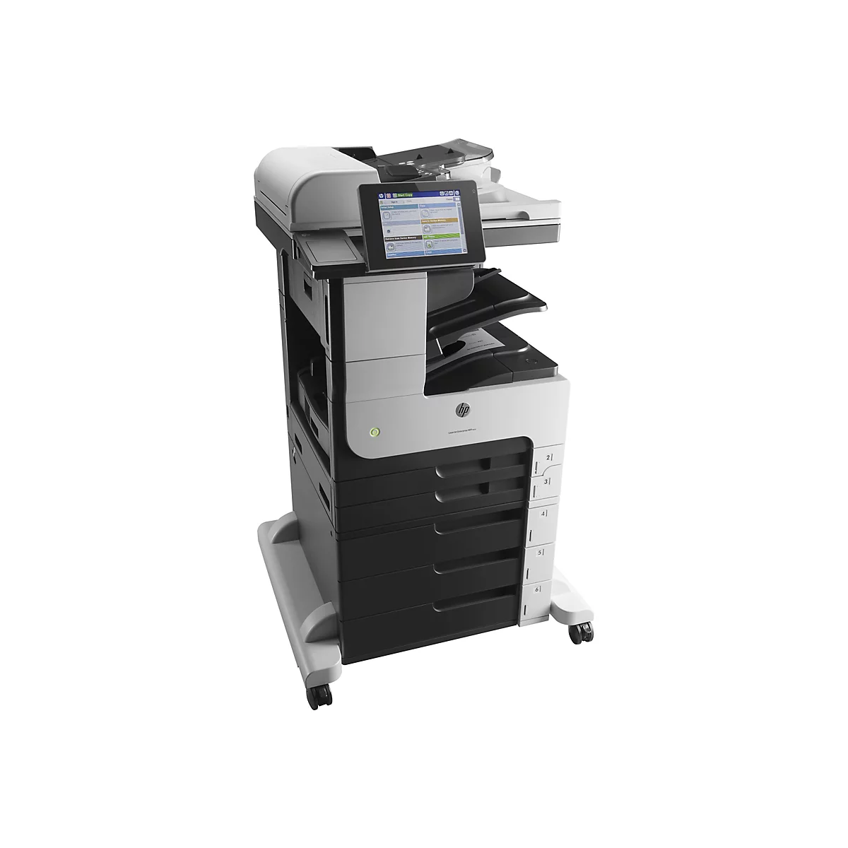 Ein großer, professioneller Schwarzweiß-Drucker mit Touchscreen, Papierfächern und HP-Logo, vor weißem Hintergrund.