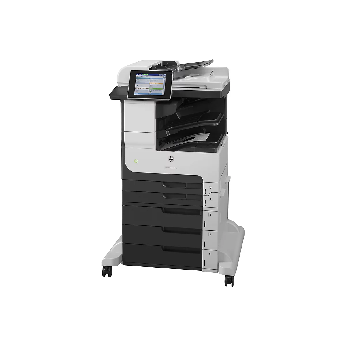 Ein großer, weiß-schwarzfarbener HP-Multifunktionsdrucker. Auf dem Touchscreen werden Menüoptionen angezeigt. Schubladen und ein Ablagefach sind unterhalb zu sehen.