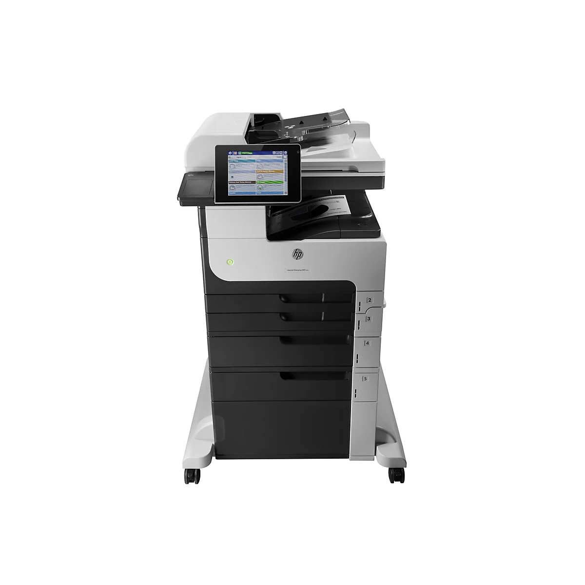 Ein großer, weiß-schwarzer HP-Multifunktionsdrucker. Das Gerät hat einen Touchscreen, Papierfächer und Rollen.