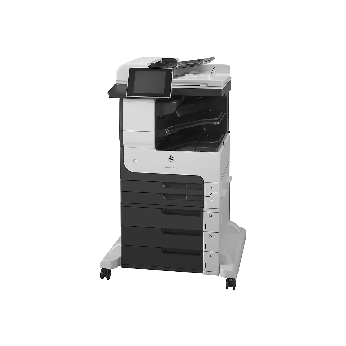 Ein großer, weiß-schwarzer HP-Multifunktionsdrucker. Er hat einen Touchscreen, mehrere Papierschubladen und ist auf Rollen montiert.