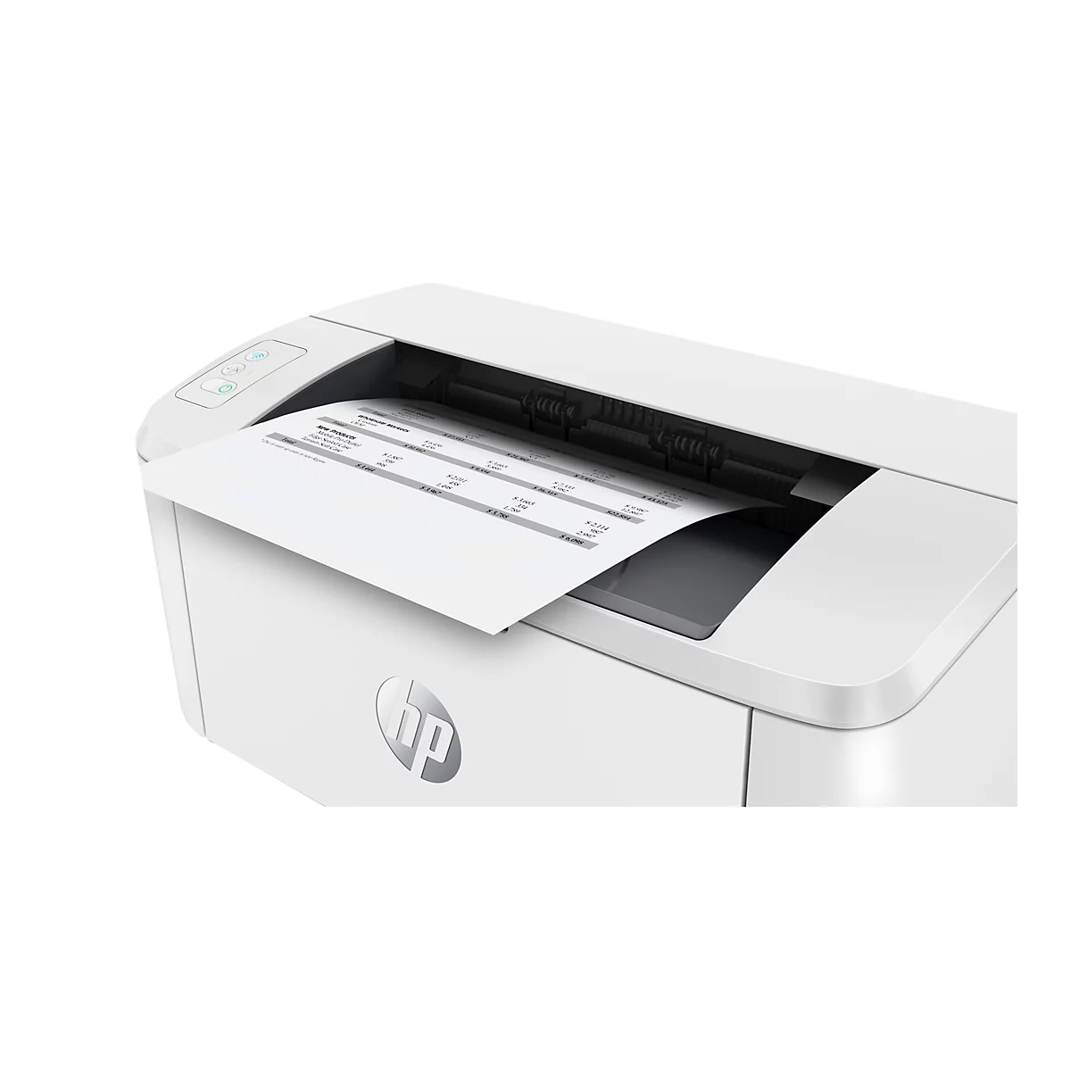 Ein weißer Drucker druckt ein Blatt Papier mit Tabellen und Zahlen.