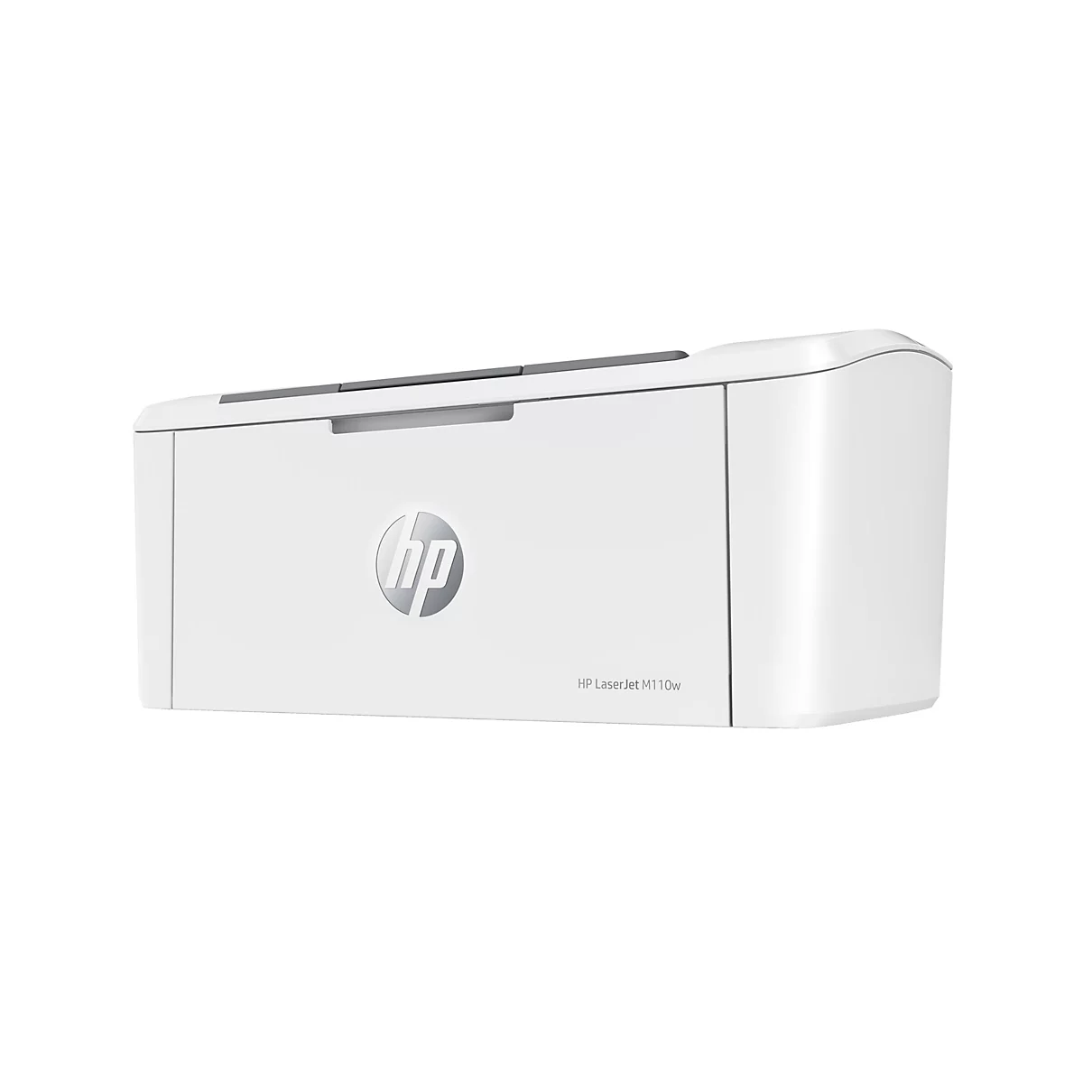 Weißer HP Laserjet M110w Drucker, Logo mittig, graue Blende oben.