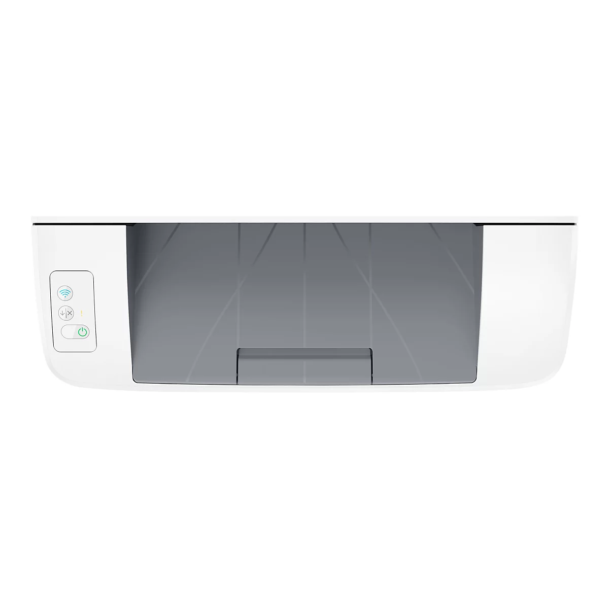 Draufsicht auf einen weißen Drucker mit grauen Elementen. Auf der linken Seite befinden sich Symbole für WLAN, Pfeile und einen grünen Ein-/Aus-Schalter.