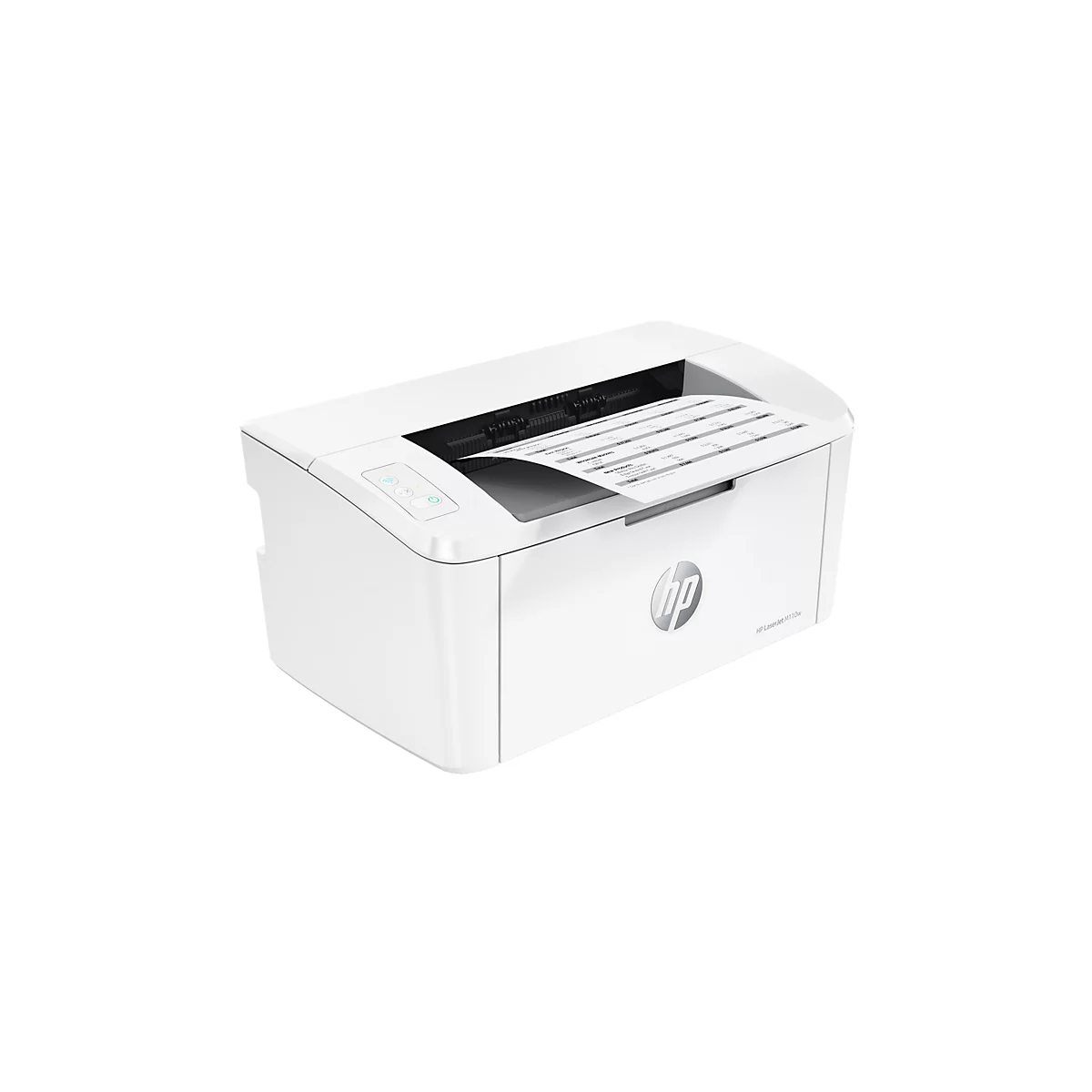 Weißer HP Laserjet-Drucker mit herausragendem Papier, gedruckten Texten und einem Logo.
