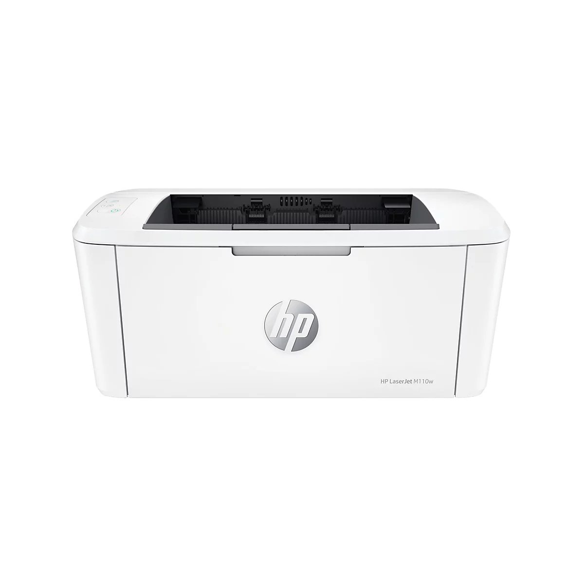 Weißer HP Laserjet M110w Drucker auf weißem Hintergrund.