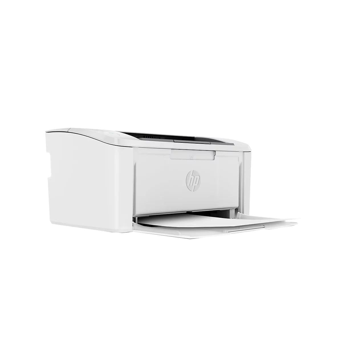 Ein weißer HP-Laserdrucker auf weißem Hintergrund. Papierschublade ist geöffnet, das HP-Logo ist sichtbar.