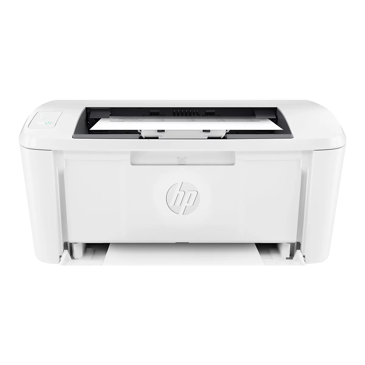 Weißer HP-Drucker mit einem Papierausgabefach unten, ein Blatt Papier liegt in der Mitte.