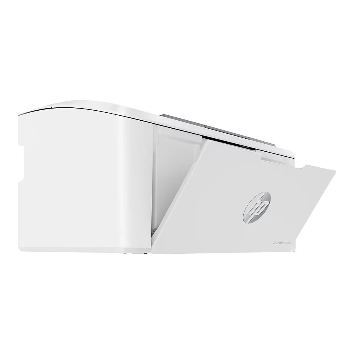 Weißer Drucker mit offenem Papierausgabefach. Das HP-Logo ist deutlich sichtbar.