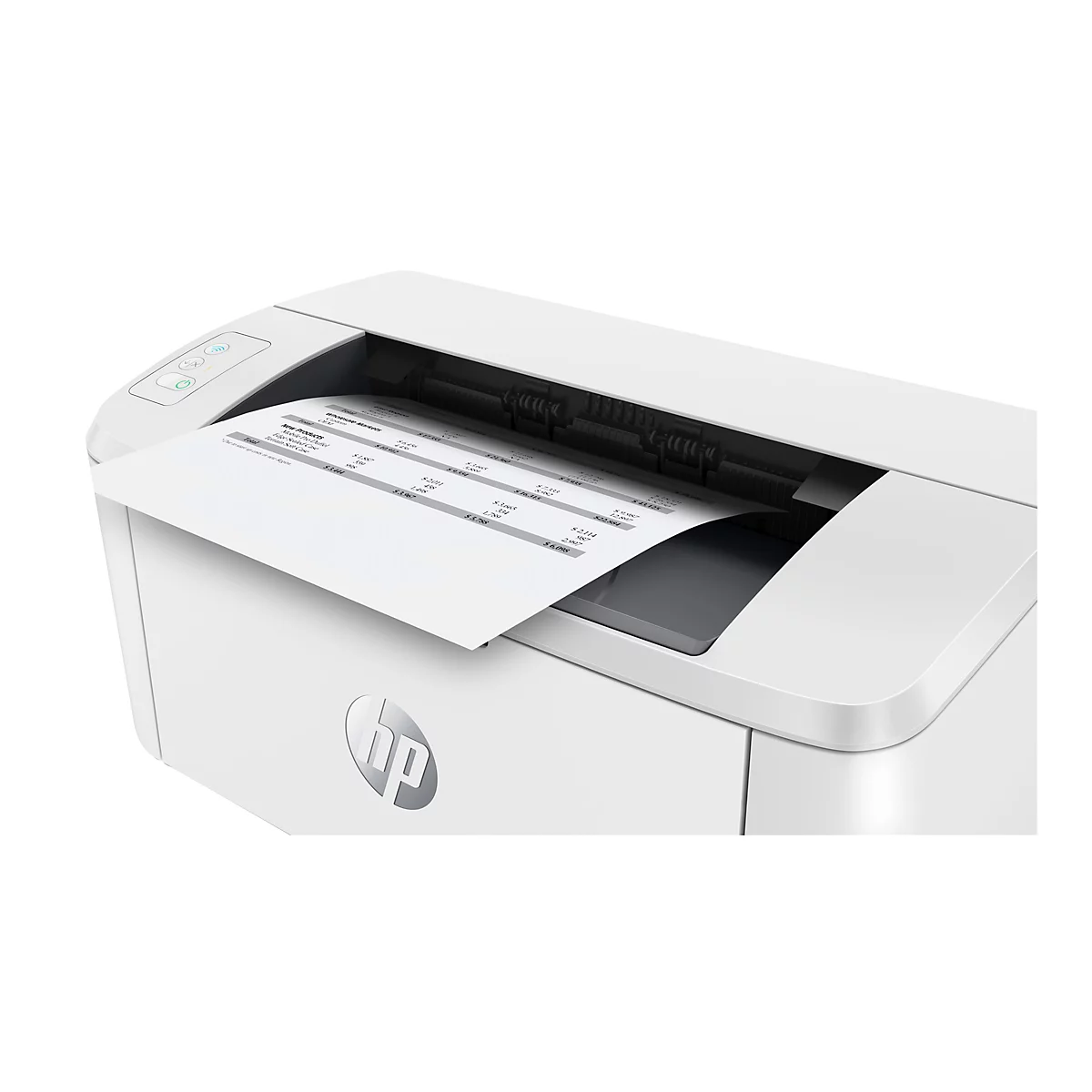 Ein weißer Drucker, der ein bedrucktes Blatt ausgibt. Auf dem Blatt sind Tabellen mit Zahlenkolonnen zu sehen.