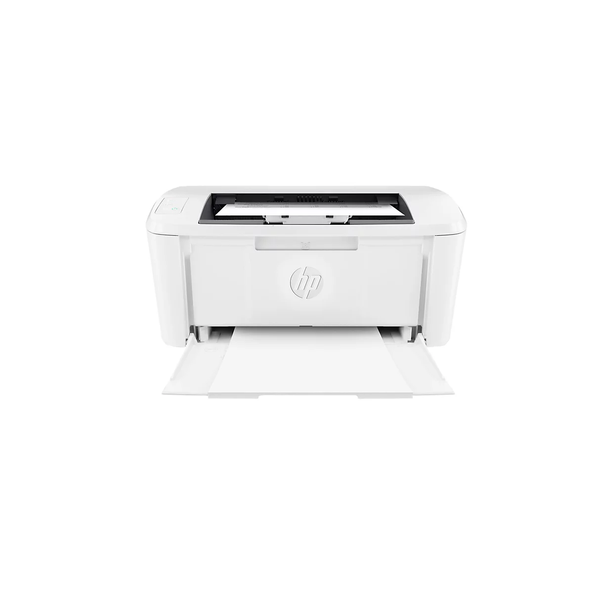 Weißer HP-Drucker, Papierausgabe offen, HP-Logo. Auf dem Drucker liegt Papier.