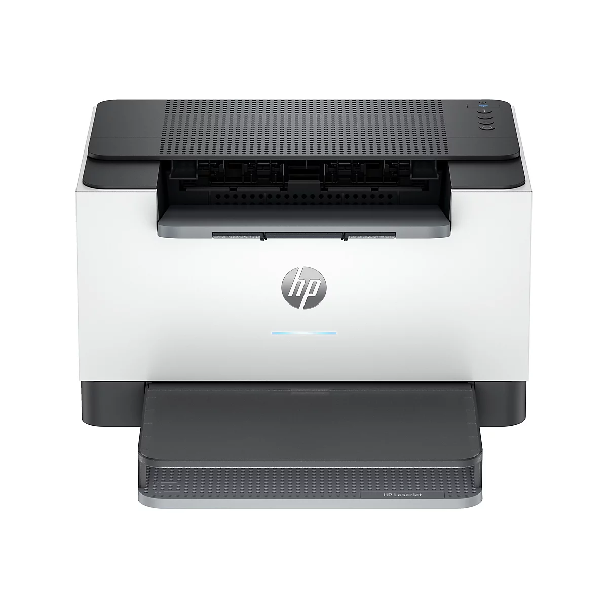 Frontalansicht eines weißen und schwarzen HP-Laserdruckers. Unten befindet sich ein Papierausgabefach. Das HP-Logo ist sichtbar.