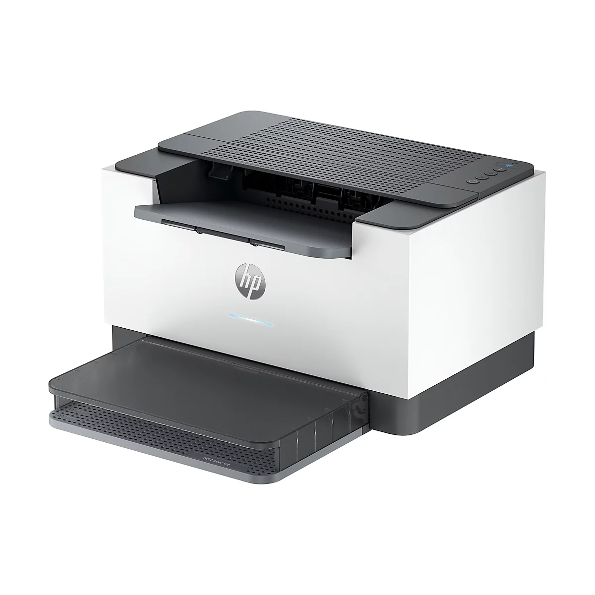 Ein weiß-grauer HP-Laserdrucker mit geöffnetem Papiereinzug. Die Oberfläche ist perforiert.