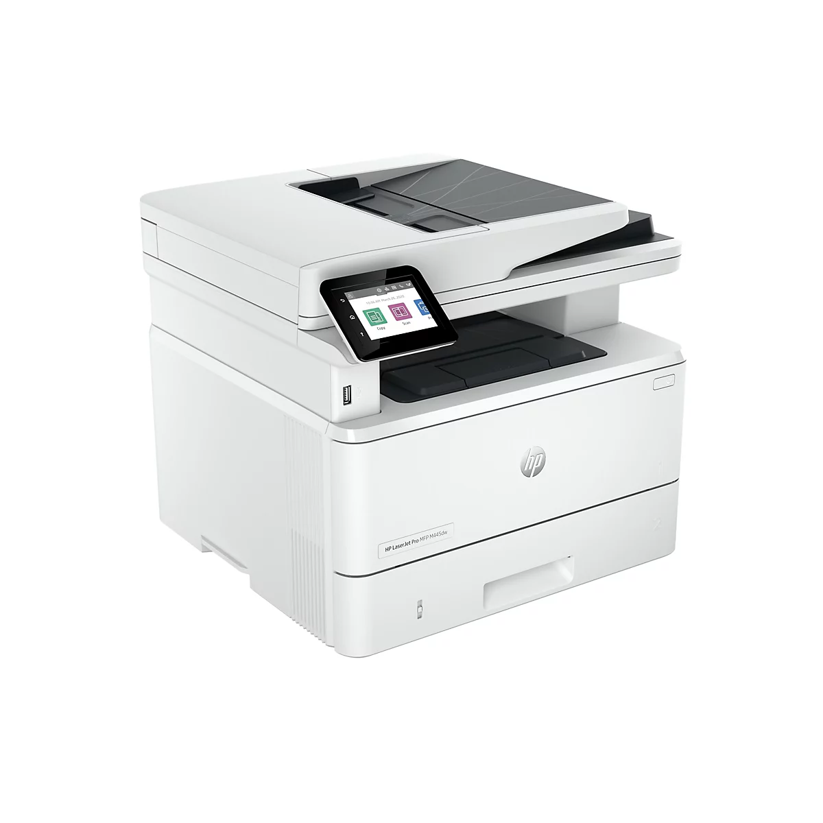 Imprimante blanche HP LaserJet Pro MFP M445dw avec écran tactile et icônes pour copier, numériser, imprimer. Les mots Copy, Scan et Print sont dans l'image.