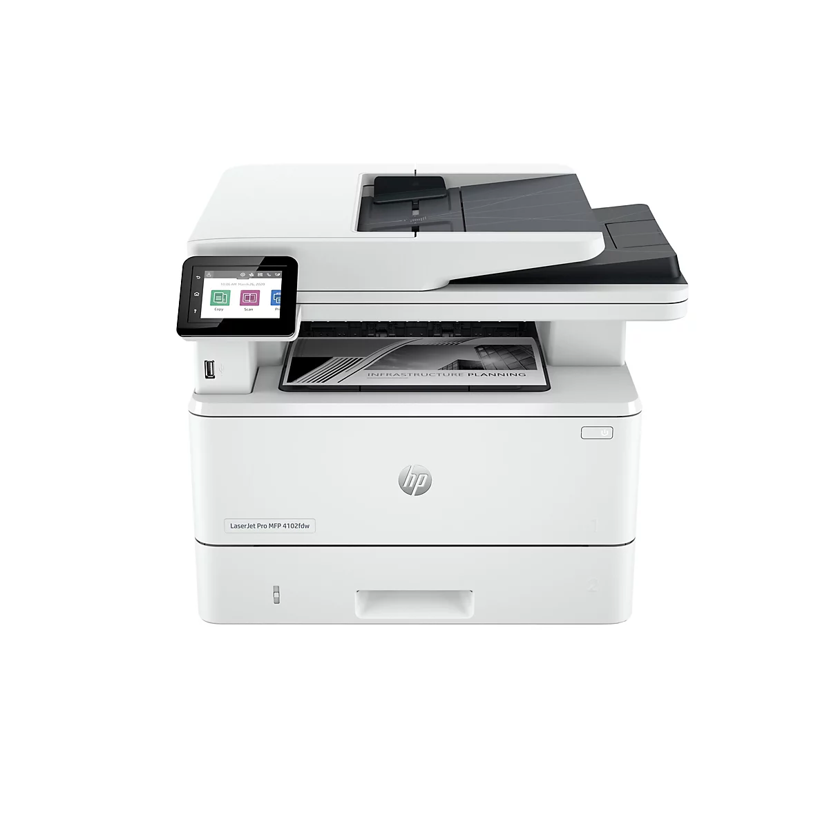 Une imprimante HP LaserJet Pro MFP 4102fdw blanche. En haut, il y a un couvercle avec un plateau noir. Sur le côté gauche se trouve un écran tactile. En dessous se trouve une feuille avec les mots "INFRASTRUCTURE PLANNING".