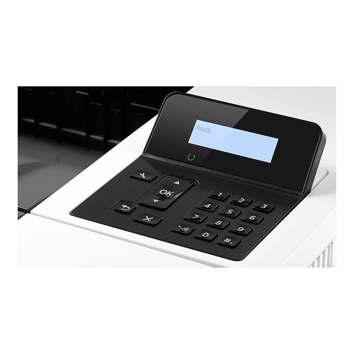 Detailaufnahme einer Druckerkonsole mit Bildschirm, Tastenfeld und Display mit dem Wort "Ready".