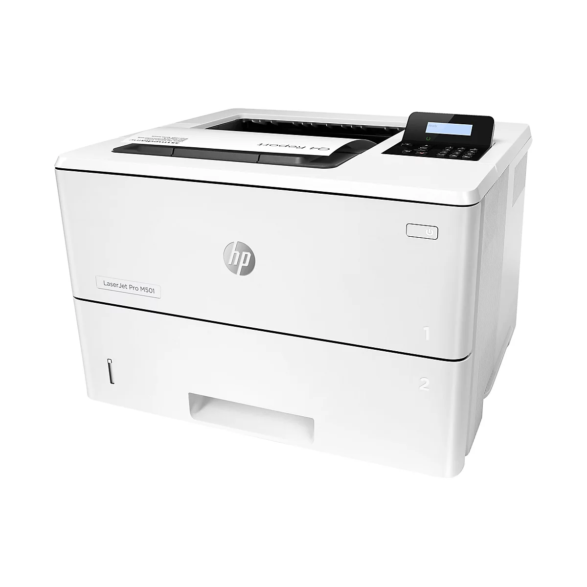 Weißer HP LaserJet Pro M501 Drucker. Auf dem Ausgabefach liegt ein bedrucktes Blatt. Rechts ist das Bedienfeld mit Display.